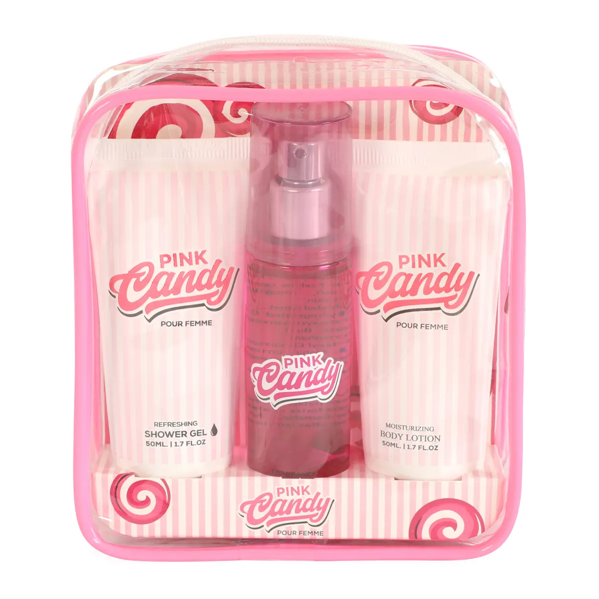 Pink Candy Refreshing Shower Gel, Fragrance Body Mist, Moisturizing Body Lotion for Women 50ml 3pc Gift Set Pouch