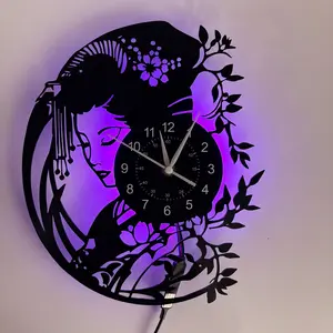 Vintage Cherry Blossom Geisha Vinyl Record Wall Clock, Charming Decorative Clock for Home Office Cafe, Zen-Inspired Gift Idea