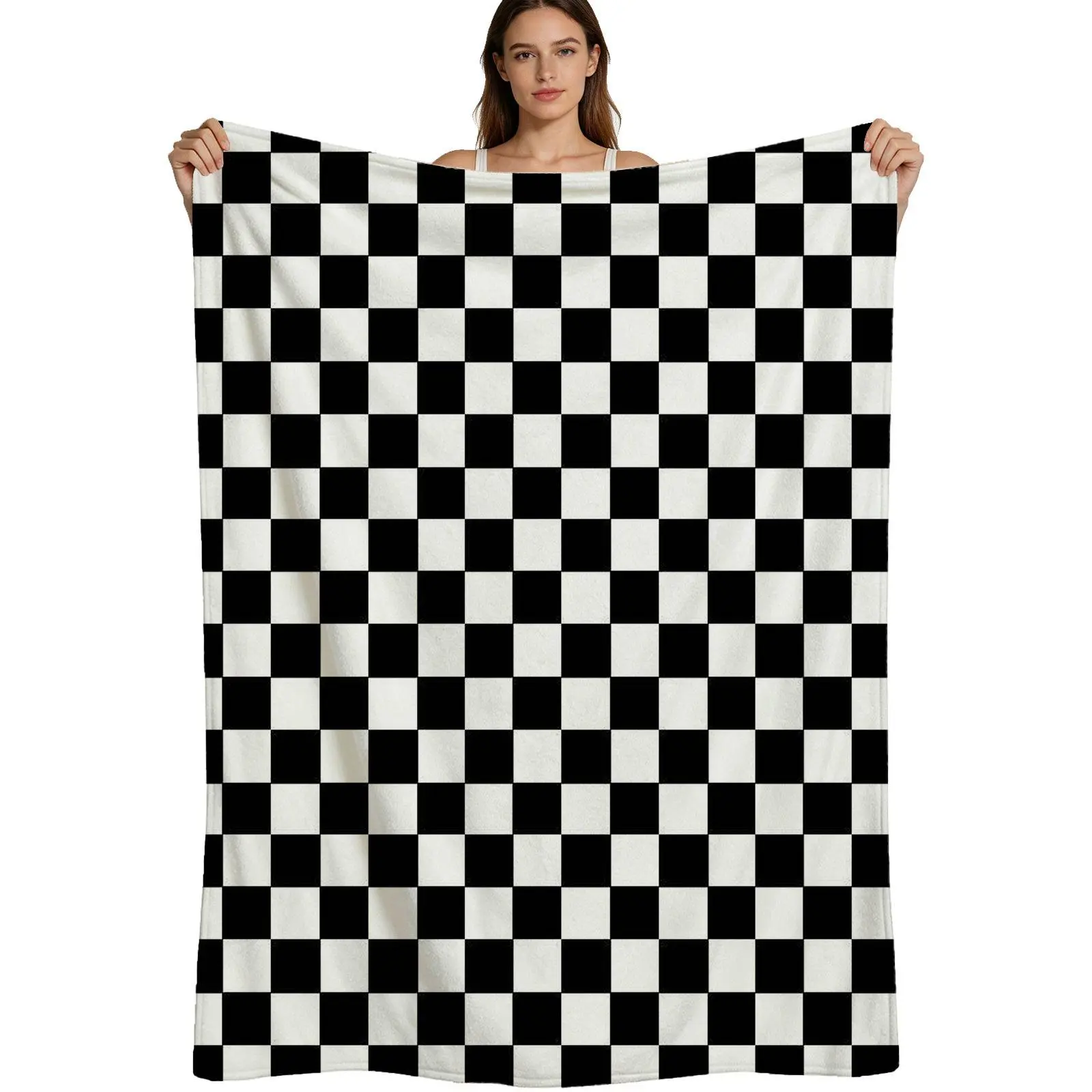 Classic Checkered, Warm Flannel Blanket, Black And White Checkerboard Pattern, Soft Plush Fabric With Neat Edging, Cozy Home Decor For Living Room Or Bedroom, 4 Sizes Available Single Pack
