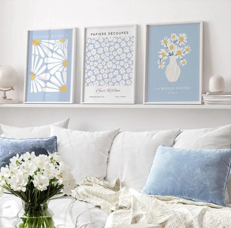Light Blue Daisy Prints, 3 Set, Blue Wall Art, Modern Art Poster, Floral Wall Art, Pastel Wall Decor