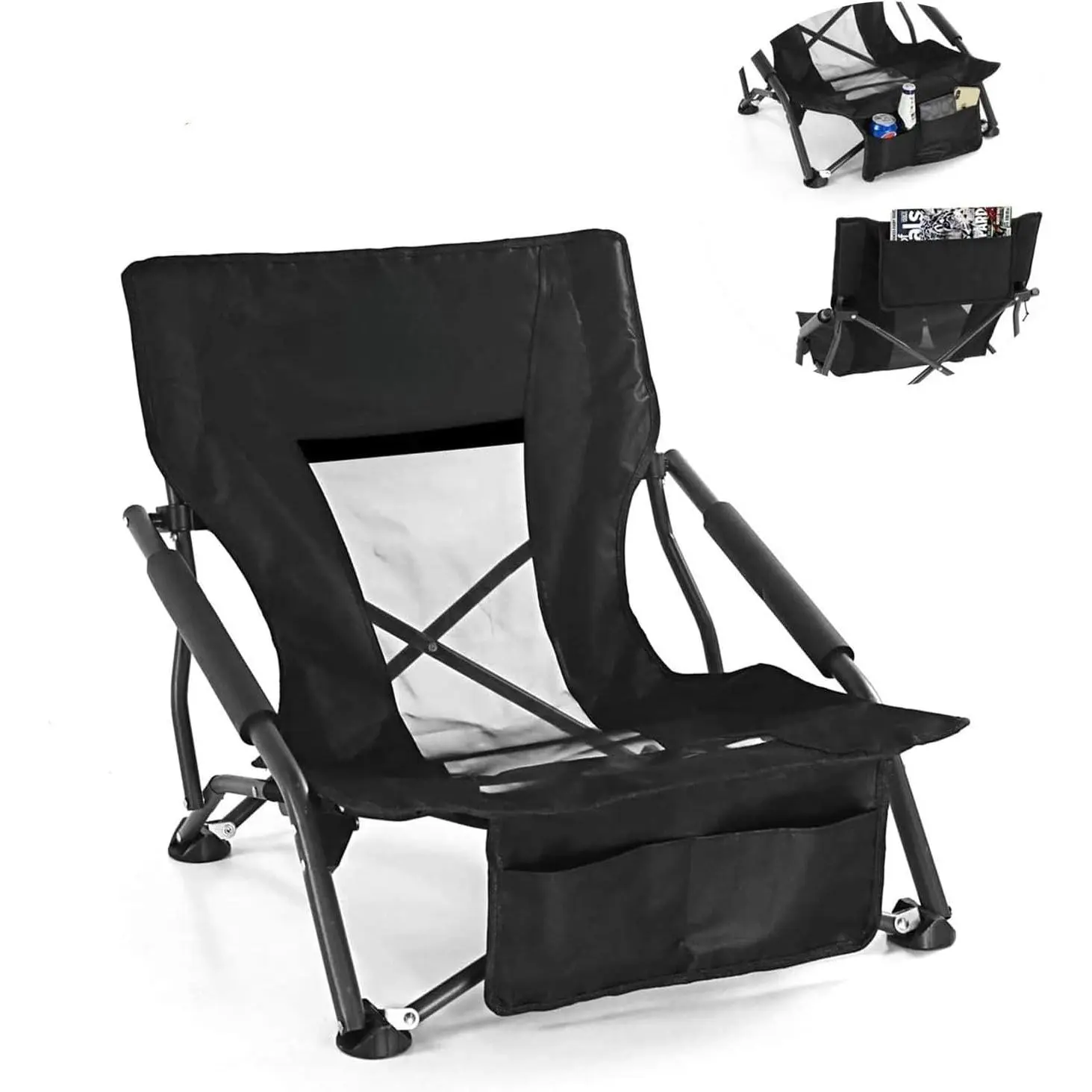 Low Sling Beach Camping Concert Folding Chair with Armrests and Breathable Nylon Mesh Backrest Compact and Sturdy Chair