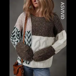 Women's Colorblock Patchwork Backless Loose Knit Sweater, Casual Long Sleeve Pullover, Fall & Winter Fashion, Ladies' Daily Wear