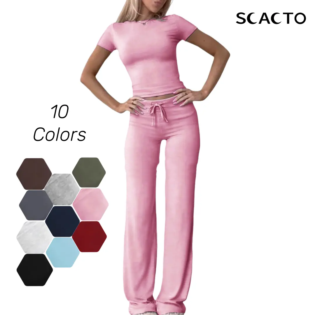 Scacto Women's 2-Piece Minimalist Basic Knitted Set - Soft Viscose Knot Short-Sleeve T-Shirt, Stretchy All-Season Below-Ankle Solid Color Bottom for Everyday Wear, Outfits, Woman 2 Piece Set, Women's Clothes Drawstring Womenswear