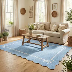 Garvee Scalloped Bow Washable Rugs in Various Sizes and Solid Colors Including Blue, Beige, Pink, and Camel. Soft Low Pile, Non-Slip Rugs Ideal for Living Room, Dorm, Nursery, Bedroom, Hallway, and Playroom Decor.
