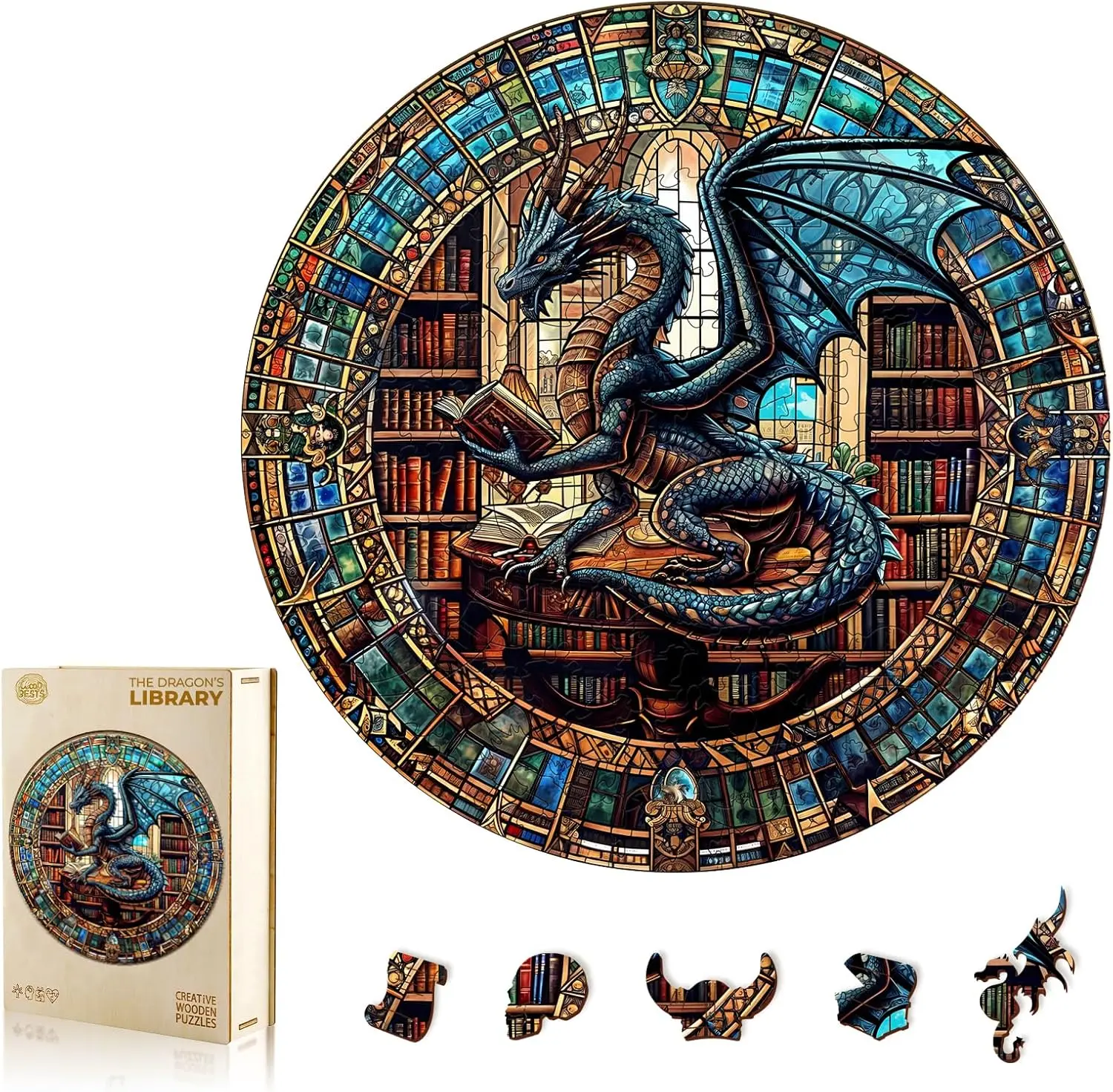 The Dragon's Library Wooden Jigsaw Puzzle for Adults and Kids Unique Shape Animal Wood Puzzles Challenging Puzzle, Family Game Creative Gifts，Laser-Cut Durable HDF Wood Puzzle