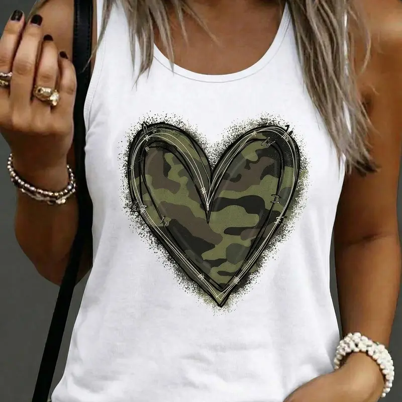 Y2K Grunge Camo Heart Tank Top, Womenswear, Streetwear Sleeveless Tee, Breathable Sleeveless Top, Casual Country Concert Outfit, Soft Cotton Blend Muscle Tank, Viral Trendy Top, Western Aesthetic, Summer Festival Wear, Loose Fit Comfy Tank, Camouflage