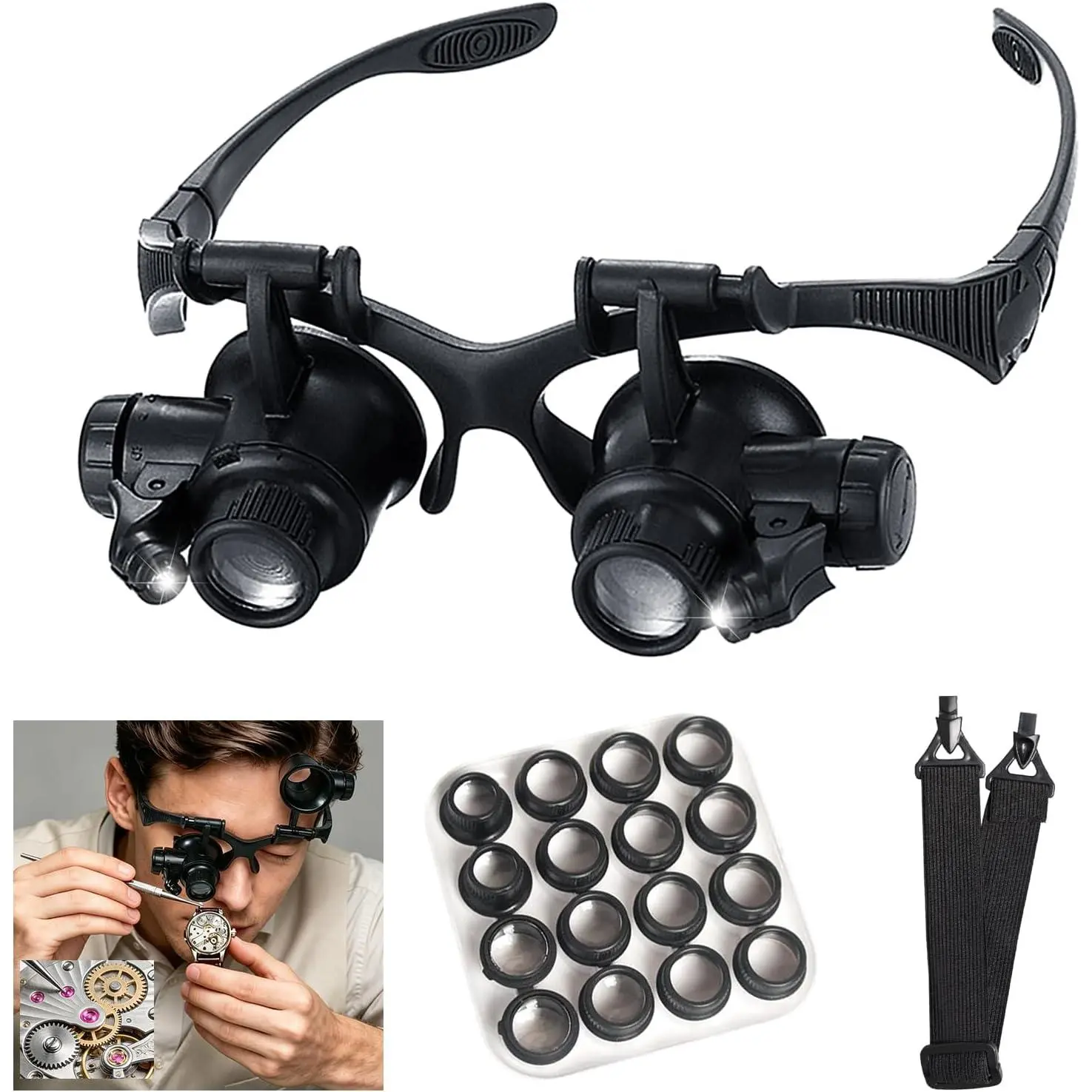 Head Mount Magnifying Glass with LED Light, Jewelers Loupe Magnifier with 8 Interchangeable Lens 2.5X/4X/6X/8X/10X/15X/ 20X/25X for Close Work/Electronics/Eyelash/Crafts/Jewelry/Repair
