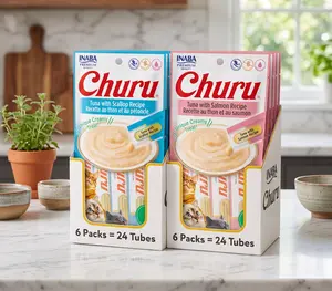 INABA Churu Lickable Puree Cat Treats Tuna Recipe, Creamy Squeezable Wet Cat Treats, Grain Free Natural Ingredients, High Moisture Healthy Cat Snack, 4 Tubes
