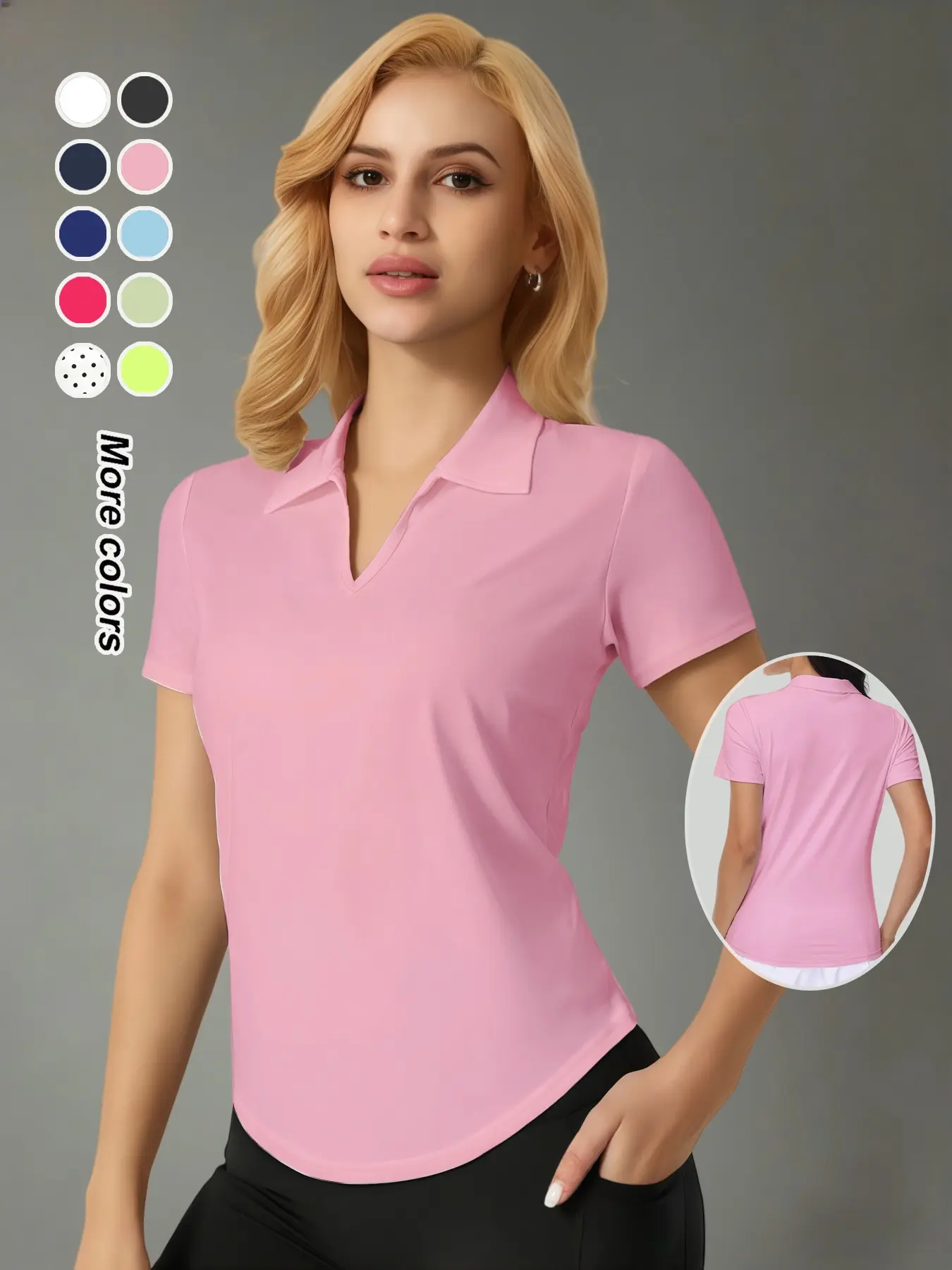 Women's Casual Polo Style V-Neck Shirt – Soft Stretchy Short Sleeve Blouse for Everyday Wear– Comfortable Breathable Collared Top
