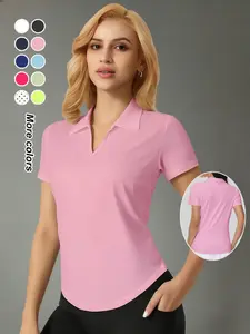 Women’s Casual Basic Polo Style V-Neck Shirt – Soft Stretchy Short Sleeve Blouse for Daily Wear– Comfortable Breathable Collared Top