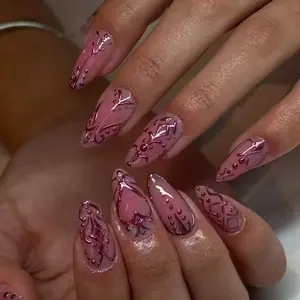 24pcs Almond Shape Glossy Nail Polish Set, Medium Length Press-On Nails, Easy Wear Acrylic False Nails for Women & Girls, Almond Fake Nails