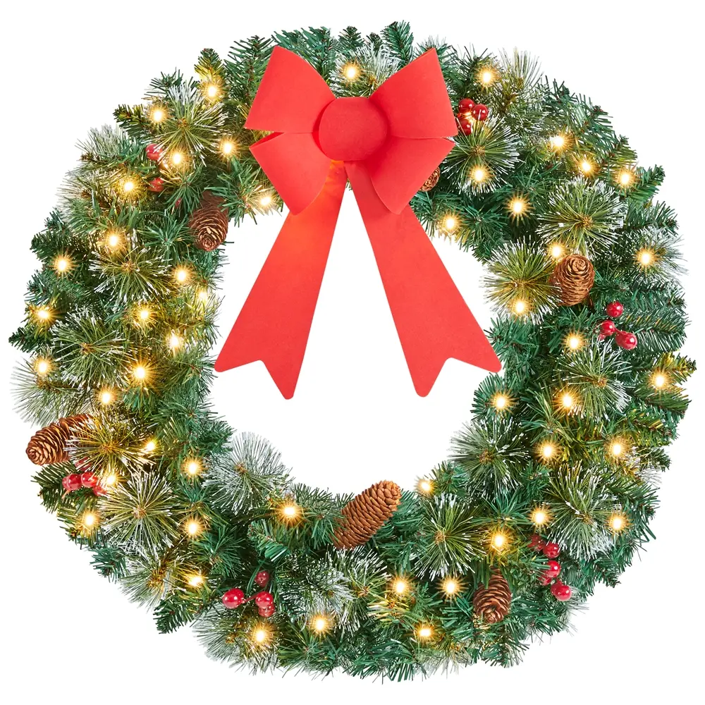 Yaheetech PVC Pre-lit Frosted Christmas Wreath Single Set (24in/36in) - Festive Decoration with Bowknot, Pinecones, Holly Berries, 50 LED Lights, 120 Tips for Door/Wall