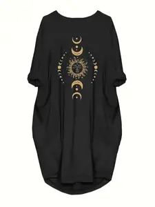 Plus Size Moon & Sun Print Asymmetrical Hem Graphic Dress, Casual Long Sleeve Round Neck Dress for Summer, Women's Plus Clothing for Daily Wear, Womenswear