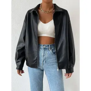 Drop Shoulder Zip Up PU Cropped Leather Jacket Long Sleeve Fit