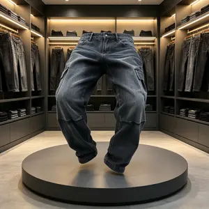 Men Stylish Multiple pockets Cargo Jeans Trousers High Quality Male Streetwear Solid color Loose Carpenter Straight Denim Pants Deals For You Days