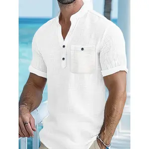 Men'S Lightweight Breathable Rayon Shirt - Summer Beach & Casual Wear, Solid Color White with Notch Neck & Button Detail, Short Sleeve, Non-Stretch Fabric for Pool, Vacation, and Casual Attire, Casual Wear Shirt | Notch Neck Shirt | Rayon Fabri