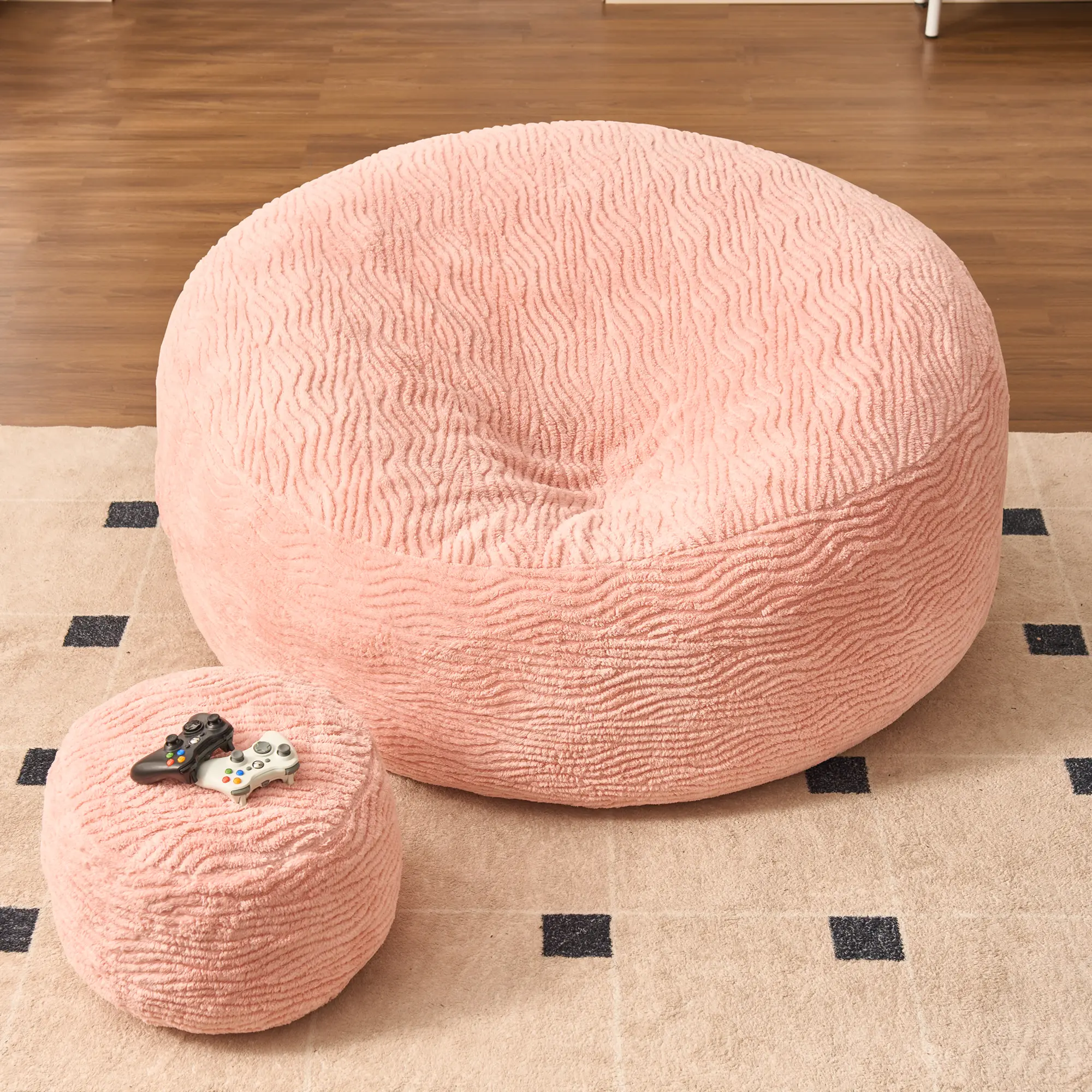 Striped Pink Bean Bag Lazy Sofa with Ottoman