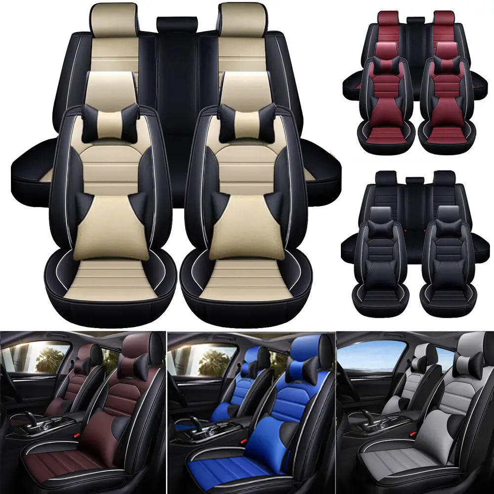 PU Leather Car Seat Covers Full Set ,5 Seats Front and Rear Seat Cushioned,With Headrest and Lumbar Pillows,Universal Fit for Sedan SUV Cars Interior,For Honda /Civic /Toyota / Kia /Sorento /Camry /Hyundai /Nissan