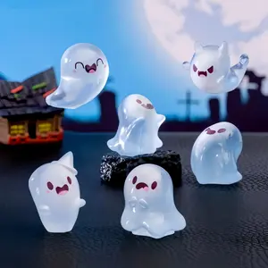Luminous Ghost Shaped Resin Toy, 6 Counts/set Cute Ghost Shaped Resin Ornament, Festival Miniature Landscape Decorations, Halloween Decor