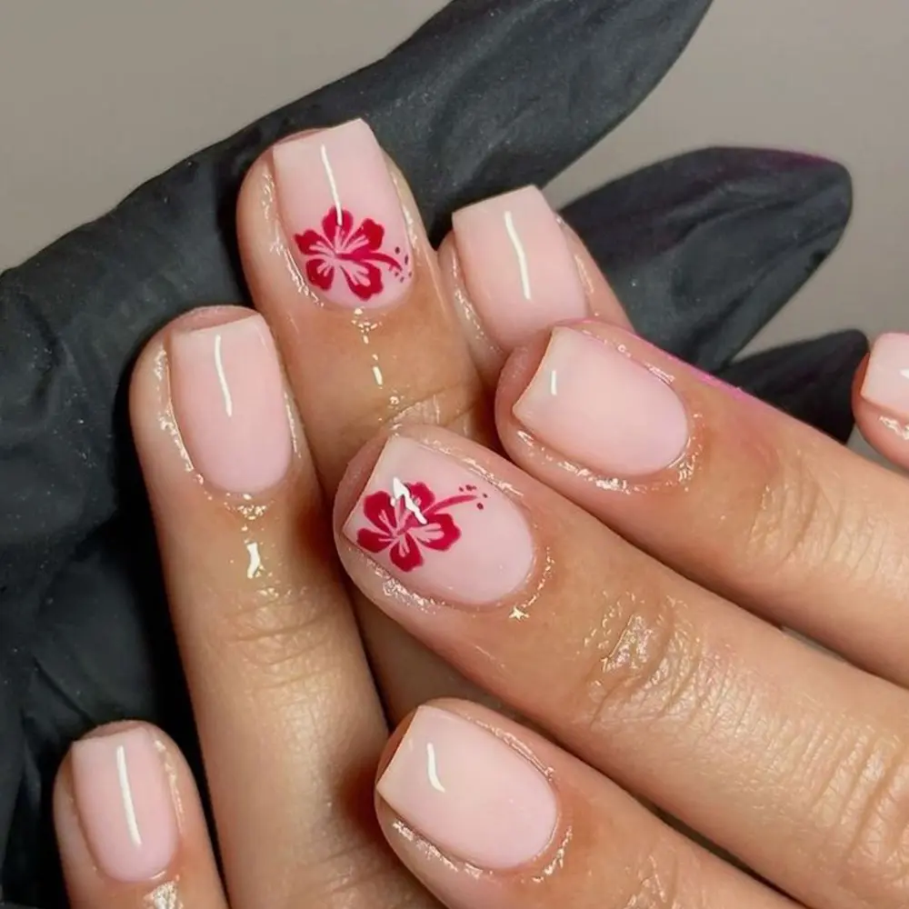 24pcs Clear Nude Base Color, Bright Rose Hand-Painted Hibiscus, Flower Nails, Simple Tropical Vibe, Short Square Nails, Almond Shape, Daily Commute Friendly, Press On Nails, Decorative Nails