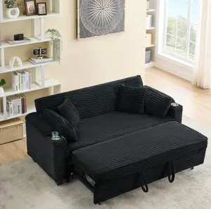 Black Striped Plush Convertible Sleeper Sofa with Cup Holders, Modern Upholstered Loveseat Couch for Living Room Small Space