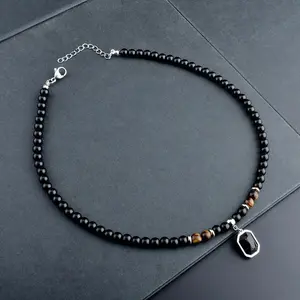 [Black Zircon] Men's Black Zircon Pendant Necklace | 1pc | Artificial Jewelry | Stone Beaded Chain