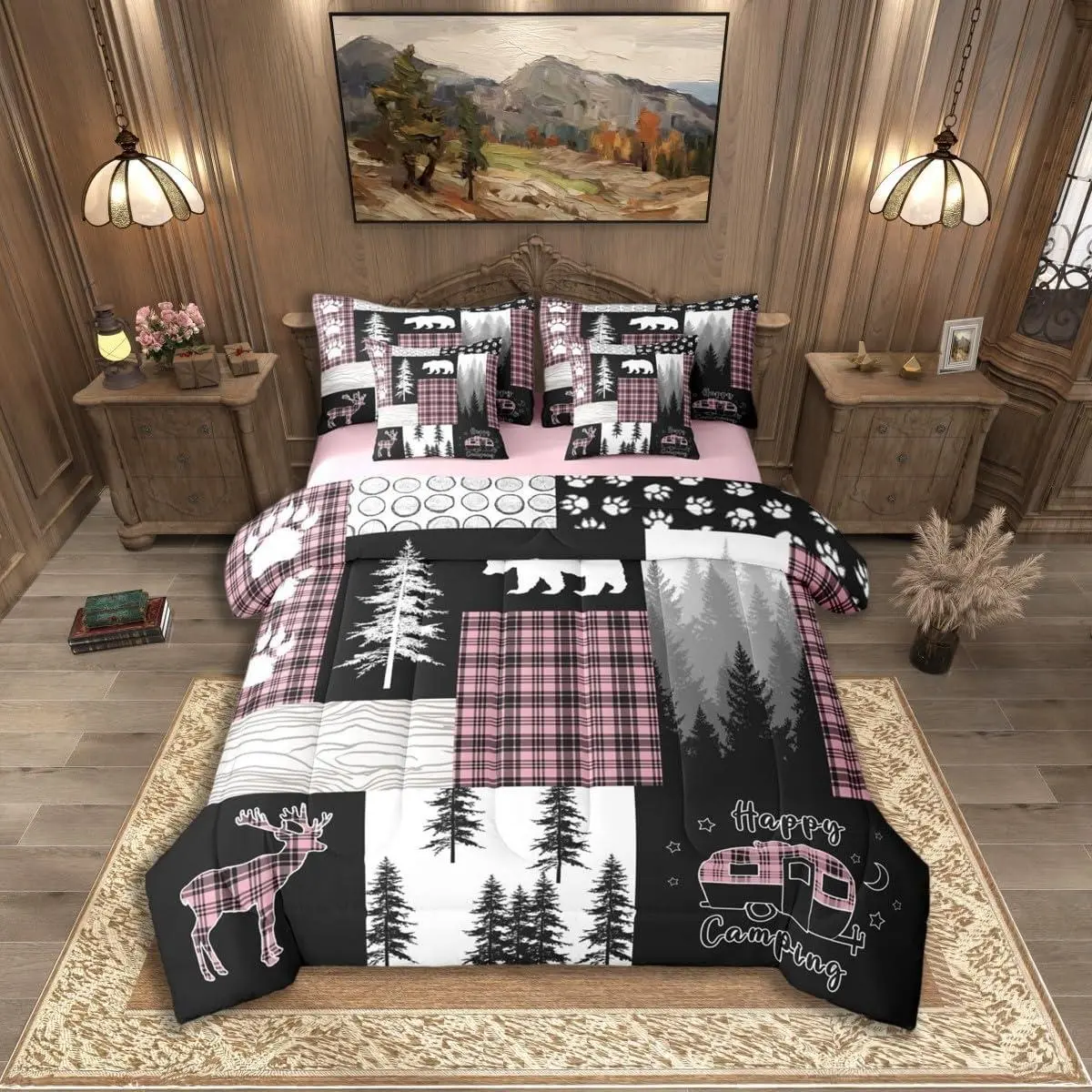 7 Piece Rustic Cabin Bear Bedding Set,Deer Hunting Wildlife Woodland Comforter Set,Camping RV Camper Quilt Pink and Black Checkered Patchwork Bed in a Bag (Fitted + Flat Sheet)