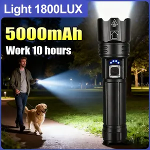 1800LUX high brightness LED flashlight, portable alloy handheld flashlight, 5000mAh rechargeable high power strong light torch, suitable for emergency, camping and dog walking lighting