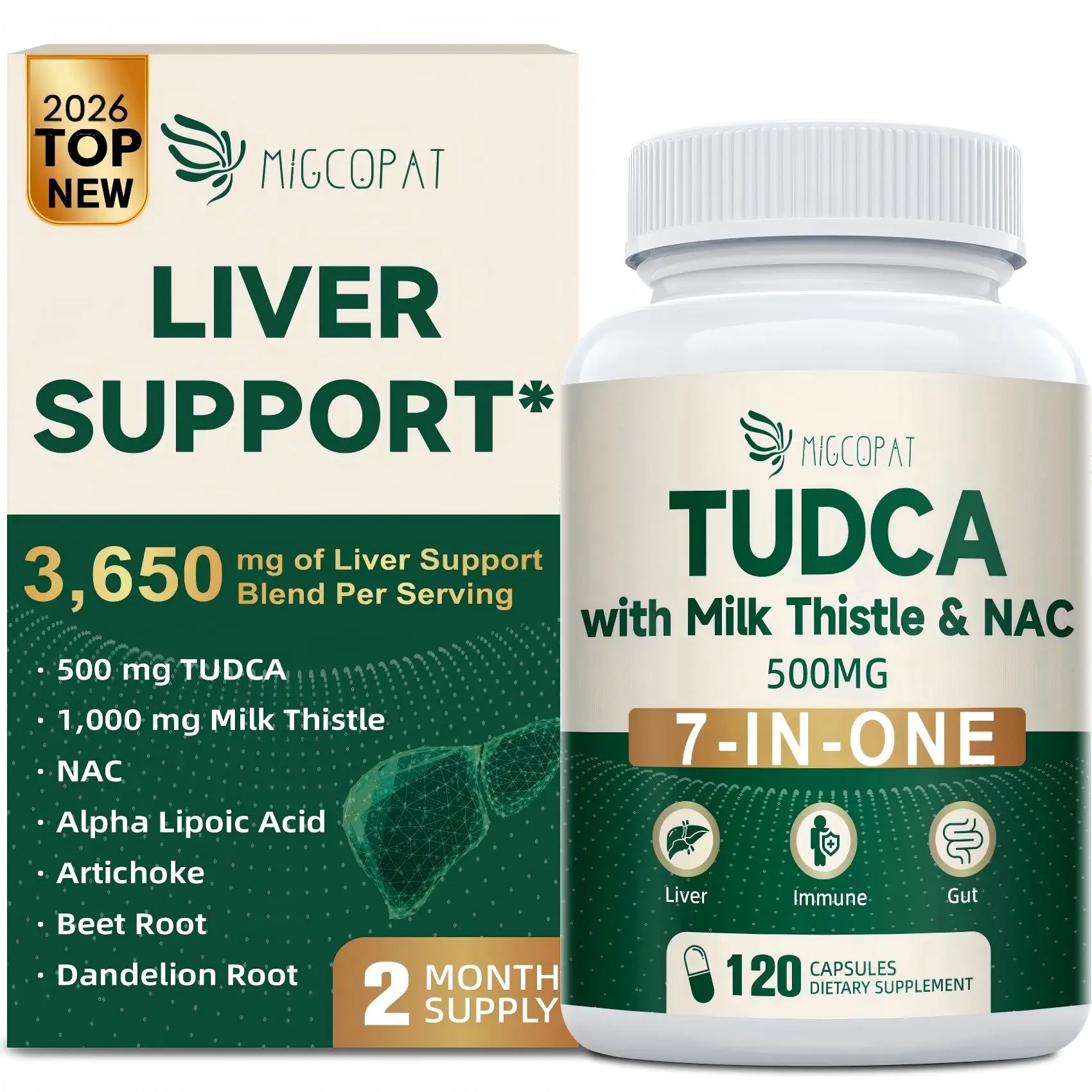 Migcopat 7-in-One TUDCA Supplement 3650mg with Milk Thistle, NAC, Alpha Lipoic Acid, Dandelion Root & Bile Salts – Liver Support, Digestive Health, Bile Flow & Antioxidant Wellness Formula – Daily Liver & Gut Health Supplement – 120 Capsules #Summervibes