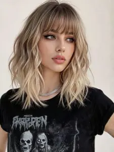 Fashionable New 14 Inch Short Curly Blonde Wigs with Bangs and Dark Roots Synthetic Material Wigs for Women, Suitable for Ordinary Work, Life, Dance Parties or Christmas Cosplay Taking Photos
