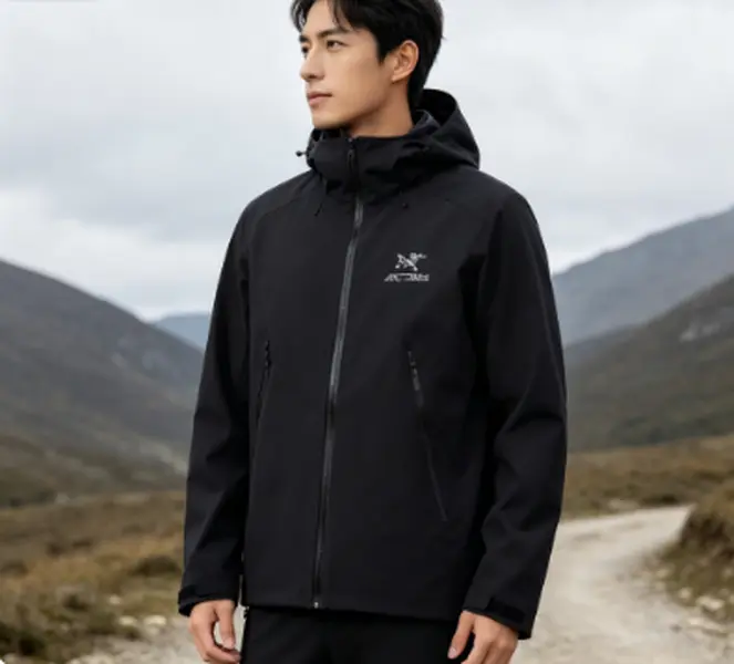 Black windproof waterproof hooded coat, tear-resistant fabric, tailored cut, multiple zip storage pockets, rain shell for hiking and camping