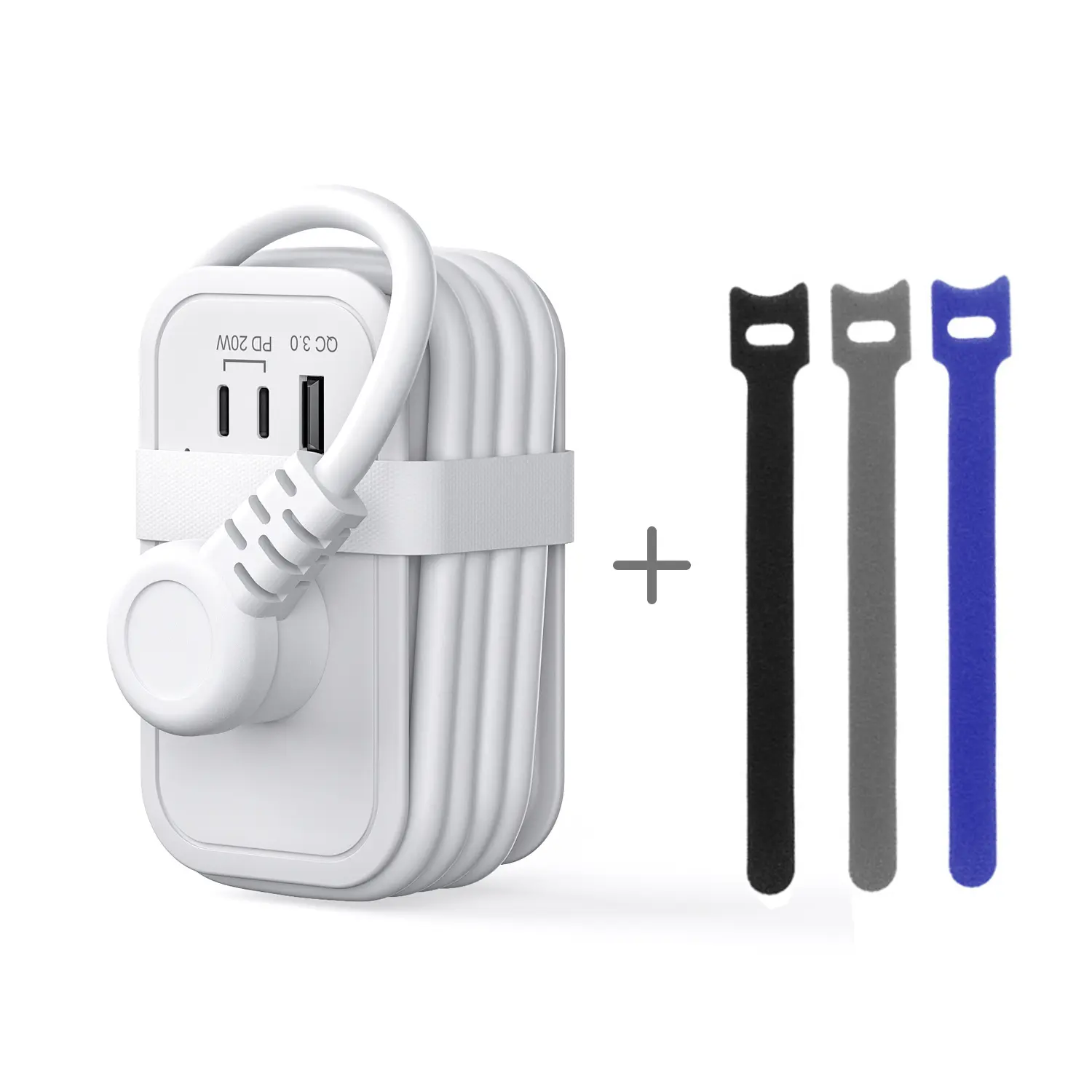 Compact Travel Power Strip Universal Socket, 2 Outlets, 1 USB Port, 2 PD20W USB-C Interfaces, 5-ft Wrapped Convenient Cord, 3 Magic Tape Straps, Efficient Power Management, Travel Must Haves for Hotel Travelers