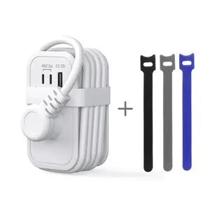 Compact Travel Power Strip with 2 Outlets 1 USB Port 2 USB-C Interfaces PD20W 5-Foot Wrapped Cord 3 Magic Tape Straps Ideal for Hotel Travelers Extension Sockets Socket Holder