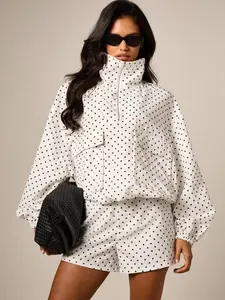 AiiRZ Funnel Neck Utility Jacket With Polka Dot Print Oversized Fit Half-Zip Long Sleeve Spring Fall Outerwear