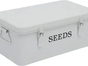 Seed Saving Box, Metal Seed Bin, Seed Storage Organizer, Seed Packet Container with Lid, Seed Envelope Storage Box, 4 Compartments Garden Seed Bin with Safety Locks-White