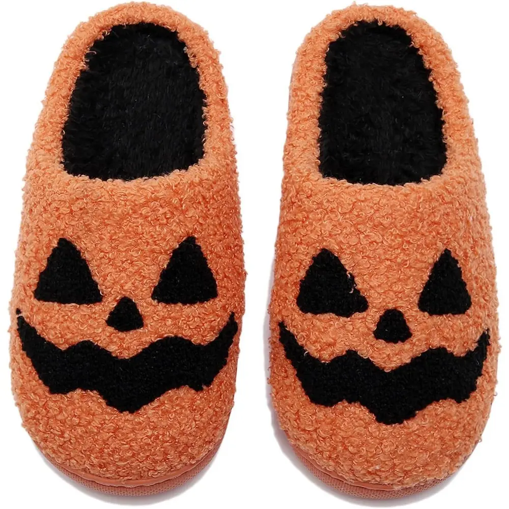 Women's Unisex Skull-Pumpkin Slippers, Faux Fur-Lined Comfy Plush Slides, Antislip Sole Fluffy House Footwear for Winter Indoor Use, Party, Fur Slides