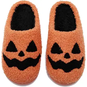Women Men Comfy Faux Fur Lined Skull Pumpkin Plush Slippers Antislip Soft Sole House Shoes Bedroom Shoes Flat Slides Fluffy Footwear