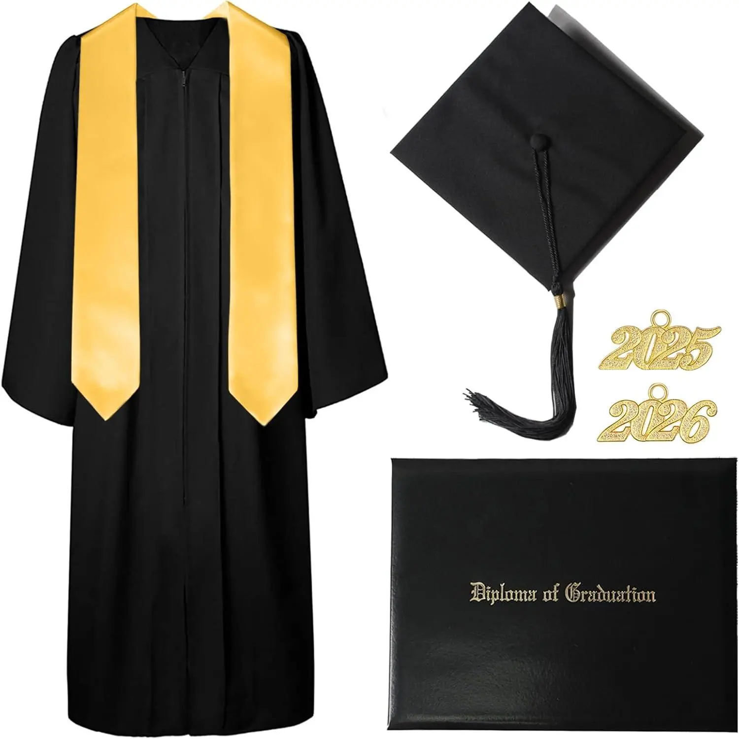 Graduation Gown and Cap with Tassel and 2026 Year Charm - Golden 72" Stole - Black Diploma Holder |   Custom