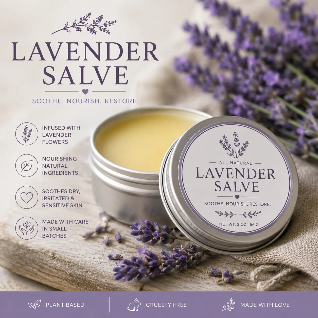 Lavender Floral Herbal Salve, All-Natural Relaxing Body Care Moisturizer for Dry, Irritated Skin, Daily Soothing Skin Balm