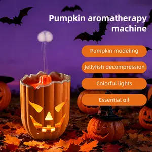 Halloween Pumpkin Aromatherapy Machine Desktop Essential Oil Diffuser Double Spray Flame Humidifier Home Night Light Ornament with Pumpkin Modeling Jellyfish Decompression & Colorful Lights