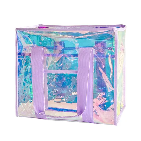 Women's Basic Casual Beach-Safe PVC Iridescent Translucent Tote Bag - Waterproof, Sandproof Open Top Handle Bag with Built-in Phone Pouch, Multi Functional Aquatic Handbag