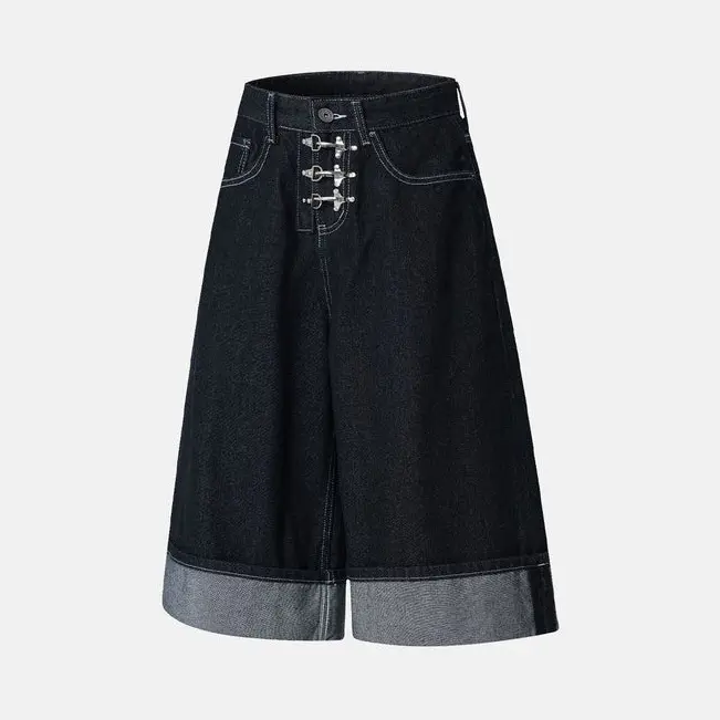 Buckle Detail Raw Denim Jorts | Inflation Streetwear FabricFit Aesthetic Black Bottom Cuffed Everyday Jeans Longline