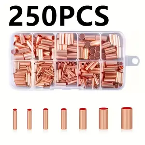250Pcs Wire Ferrules Kit 7 Size Copper Crimp Connector Non Insulated Electrical Butt Terminal Assortment Kit