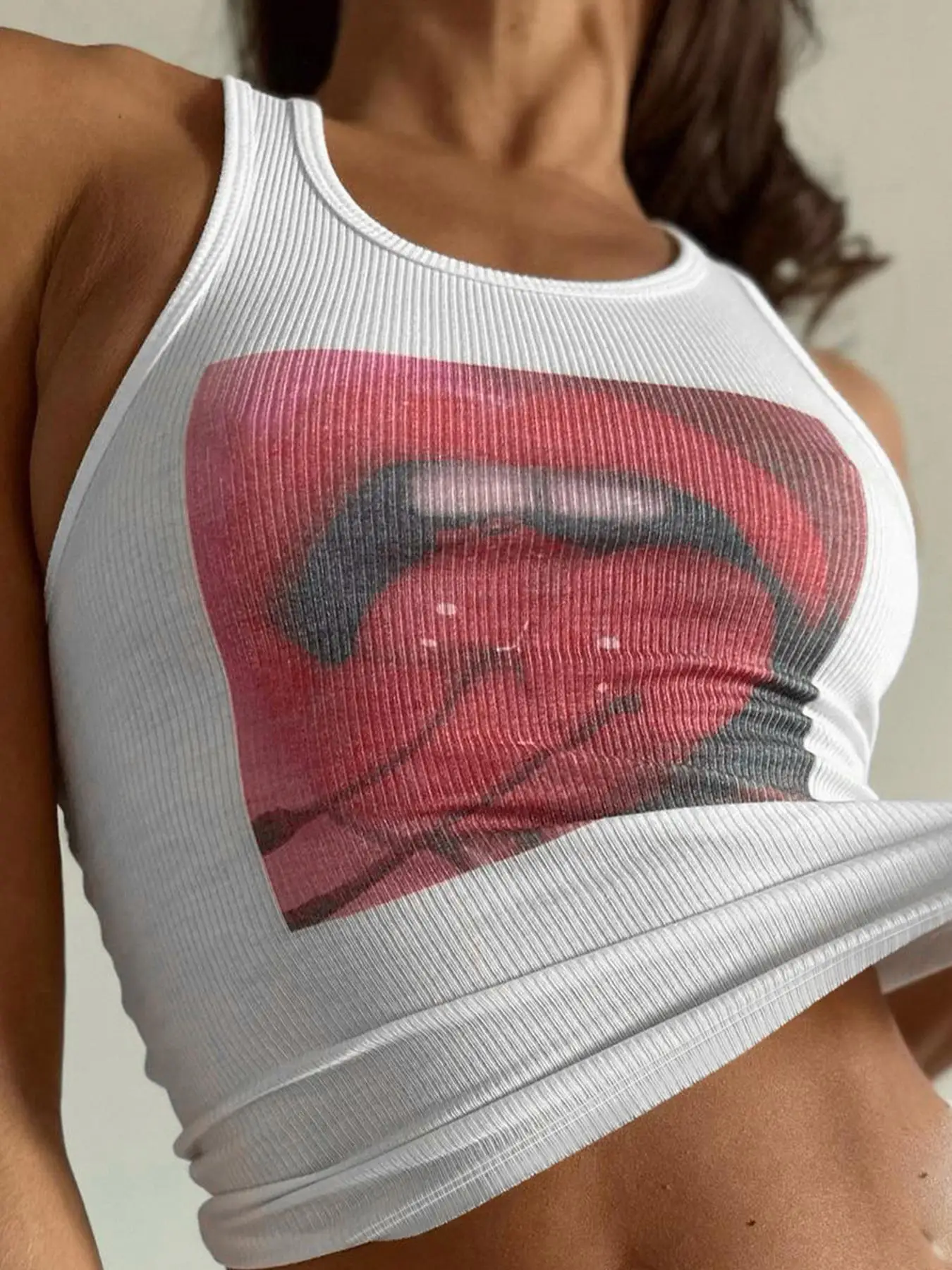 Women's Lip Cherry Print Scoop Neck Ribbed Tank Top, Fashion Casual Sleeveless Top for Daily Outdoor Wear, Ladies Clothes for Summer