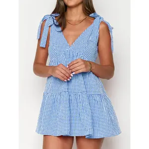 Women's Plaid Print Tie Shoulder Knot Cami Romper, Casual V Neck Fitted Sleeveless Romper for Summer, Fashion Women's Clothing for Daily Wear Dress
