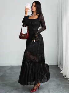 Gothic Lace Square Neck Long Sleeve Dress, Sexy Sheer Mesh Bodycon Midi Dress, Elegant Party Wear, Women's Fashion Longsleeves Clothing