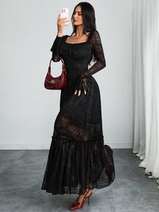gothic lace square neck long sleeve dress, sexy sheer mesh bodycon midi dress, elegant party wear, women's fashion longsleeves clothing