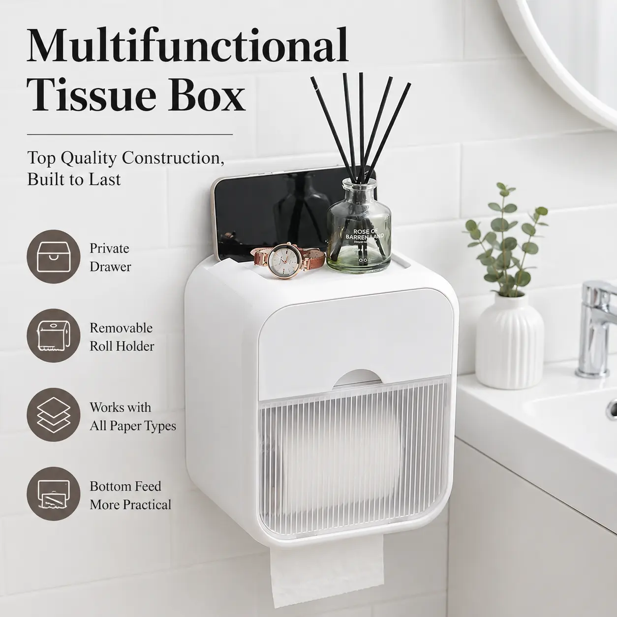 Punch-Free Waterproof Wall-Mounted  Organizer -  Towel Dispenser, Toilet  Holder, Hygienic Napkin Storage Rack, Soap Bar Holder (Home Supplies, Toilet Accessories,  Decor) paper towel holder no-drill creative