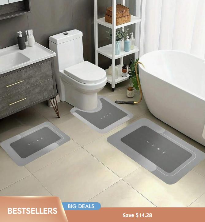 3-Piece HOME Design Bathroom Mat Set, Super Absorbent Microfiber Bath Rugs, Non-Slip Machine Washable U-Shaped Contour & Rectangular Floor Mats For Shower, Toilet, Hotel & Dorm
