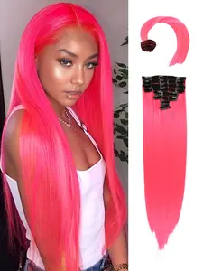 Long, Straight, Pink & Multicolor Synthetic Hair Extension Set with Invisible Wire | 20-Inch Seamless Clip-Ins | Easy-to-Wear, Voluminous Hairpieces for Women | Full-Head Synthetic Clip-In Extensions | 8-Piece Set (18 Braids) | Ideal for Music Festivals